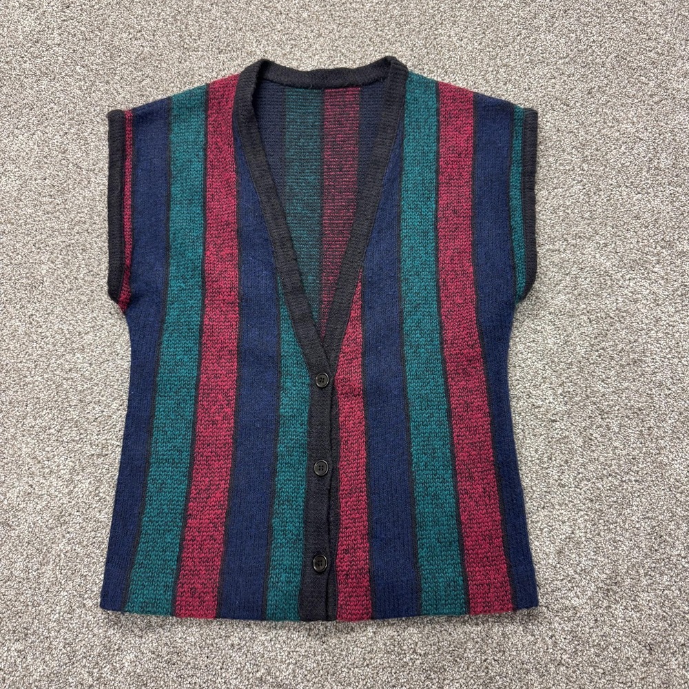 Vintage Sweater Vest Womens L Multicolor Striped V Neck Button Knit Sleeveless